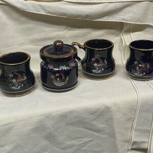 Vintage porcelain tea set - Japanese peacock / pheasant cobalt blue,